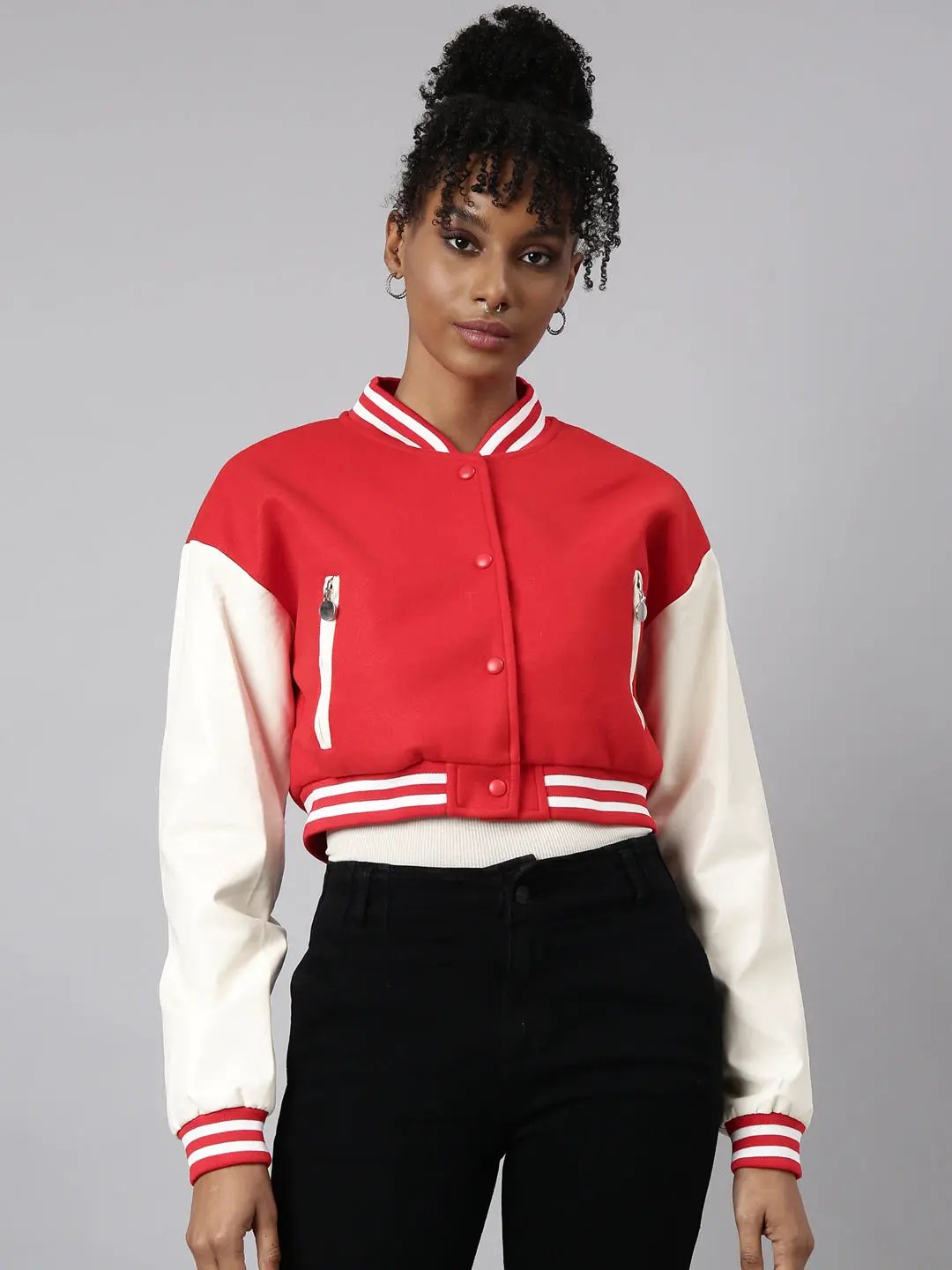 Women's Red Colour blocked Crop Oversized Varsity Jacket