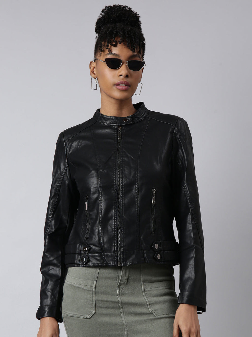 Women's Black Stand Collar Windcheater Biker Jacket