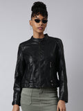 Women's Black Stand Collar Windcheater Biker Jacket