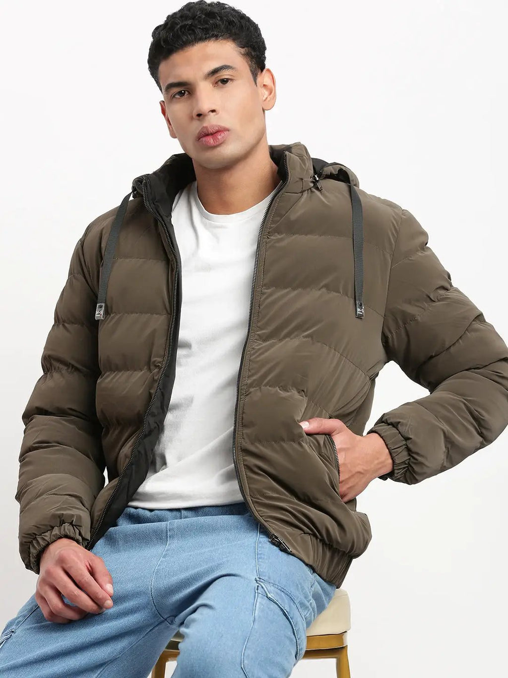 Men's Mock Collar Brown Solid Reversible Puffer Jacket comes with Detachable Hoodie