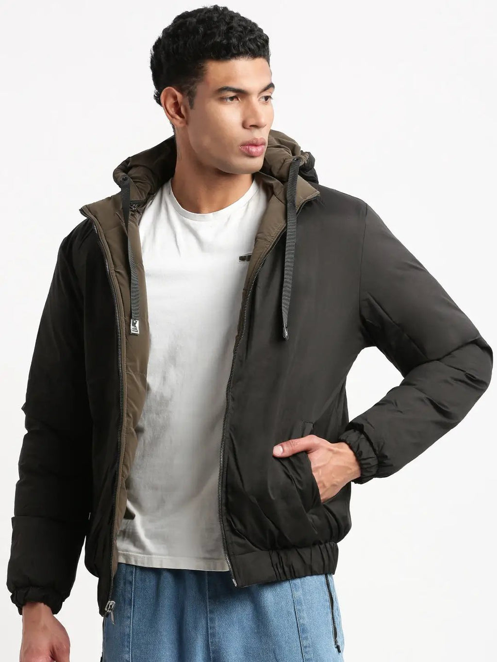 Men's Mock Collar Brown Solid Reversible Puffer Jacket comes with Detachable Hoodie