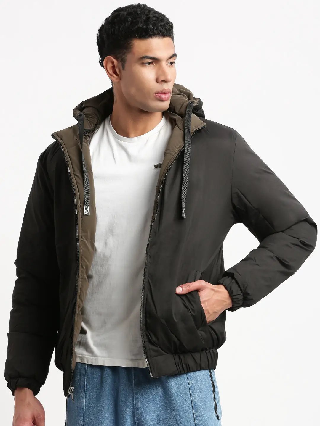 Men's Mock Collar Brown Solid Reversible Puffer Jacket comes with Detachable Hoodie