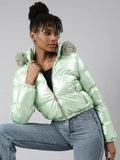 Women's Green Hooded Puffer Jacket with Detachable Hood