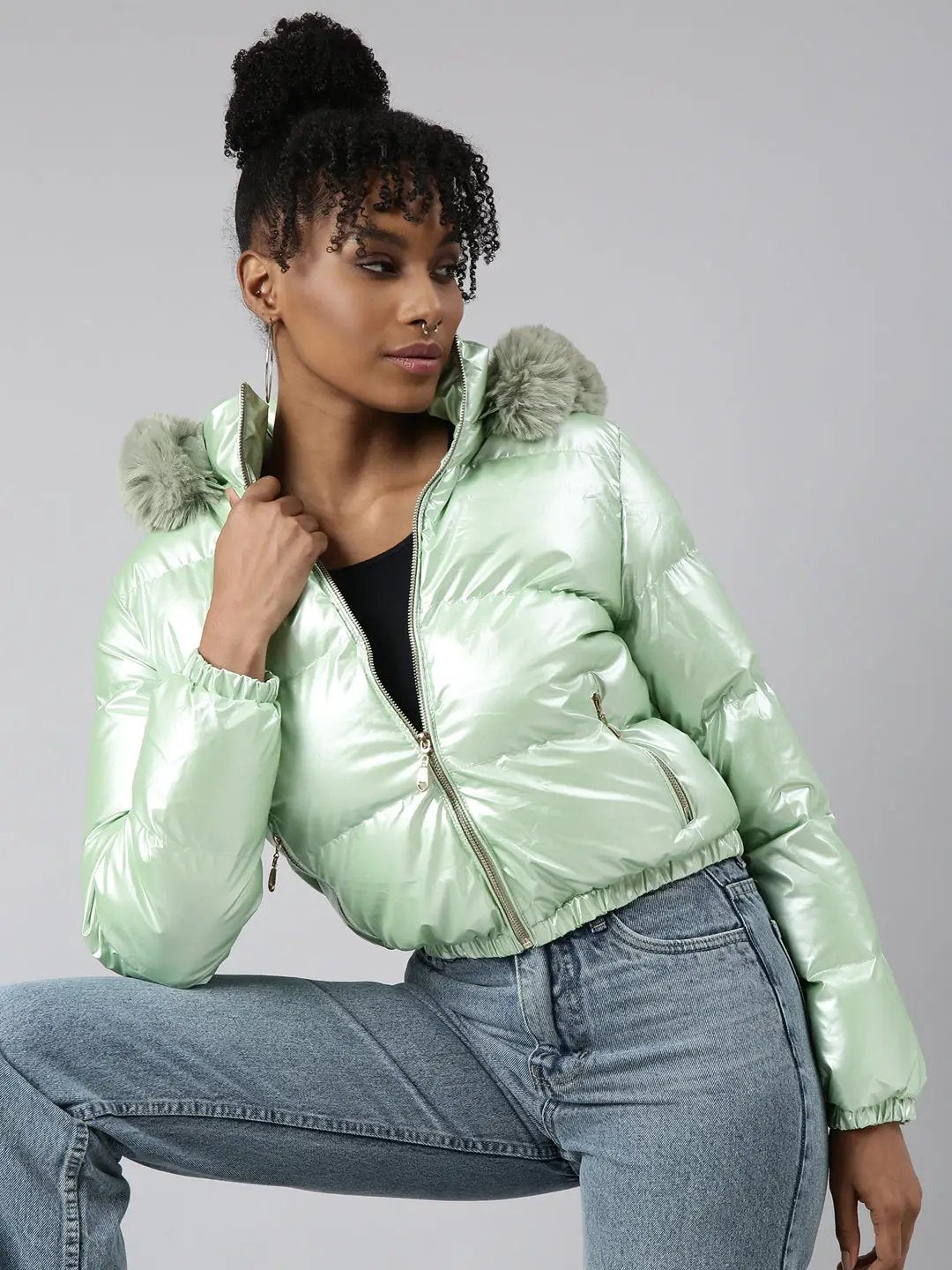 Women's Green Hooded Puffer Jacket with Detachable Hood