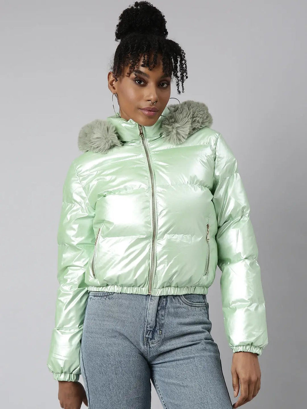 Women's Green Hooded Puffer Jacket with Detachable Hood