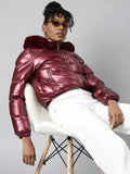 Women's Maroon Mock Collar Puffer Jacket with Detachable Hood