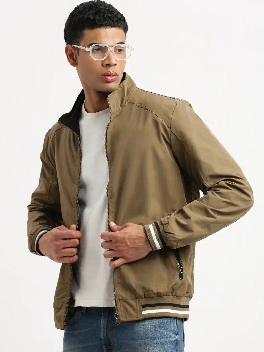 Men's Mock Collar Olive Solid Casual Reversible Bomber Jacket
