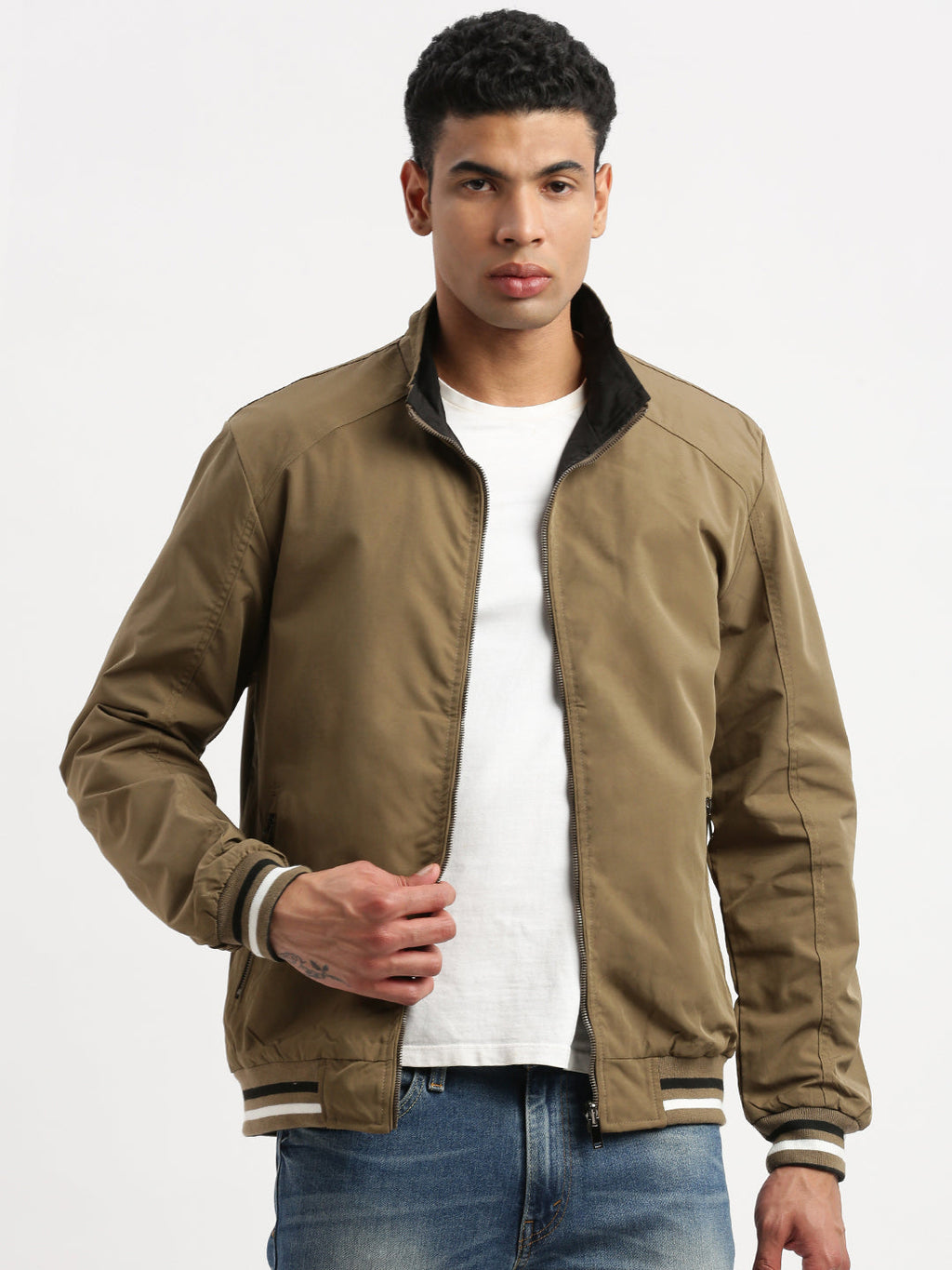 Men's Mock Collar Olive Solid Casual Reversible Bomber Jacket