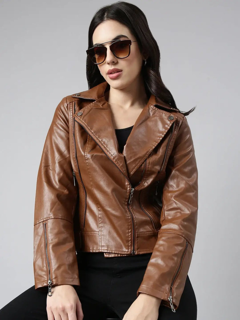 Women's Brown Spread Collar Crop Biker Jacket