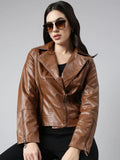 Women's Brown Spread Collar Crop Biker Jacket