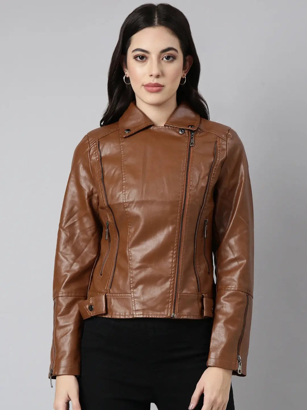 Women's Brown Spread Collar Crop Biker Jacket