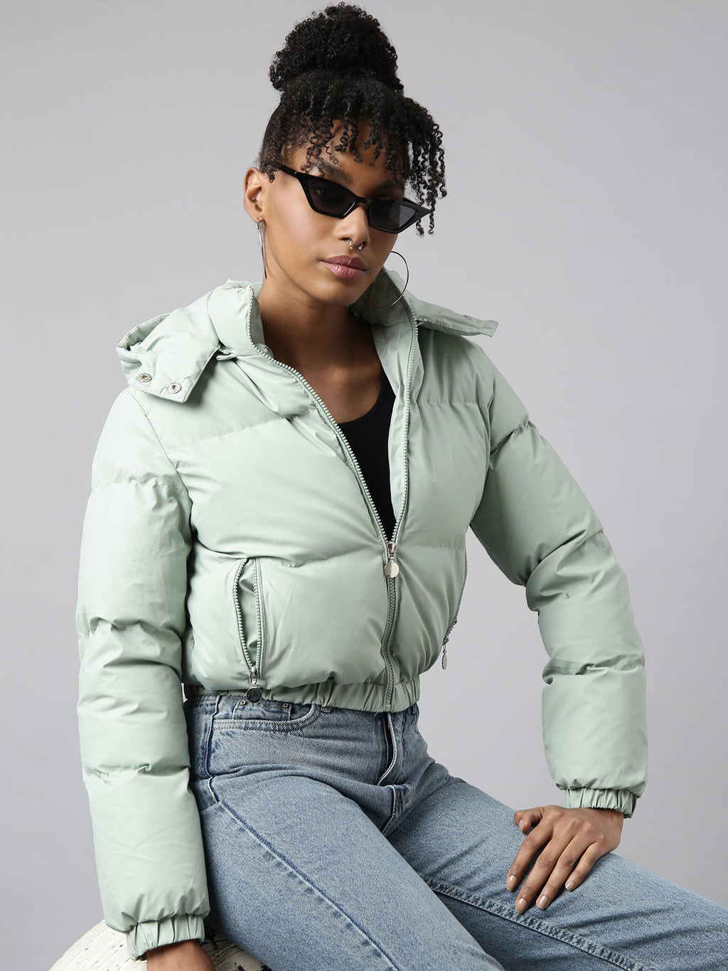 Women's Solid Sea Green Puffer Jacket Comes with Detachable Hood