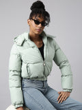 Women's Solid Sea Green Puffer Jacket Comes with Detachable Hood