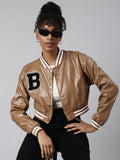 Women's Brown Drop Shoulder Oversized Crop Varsity Jacket