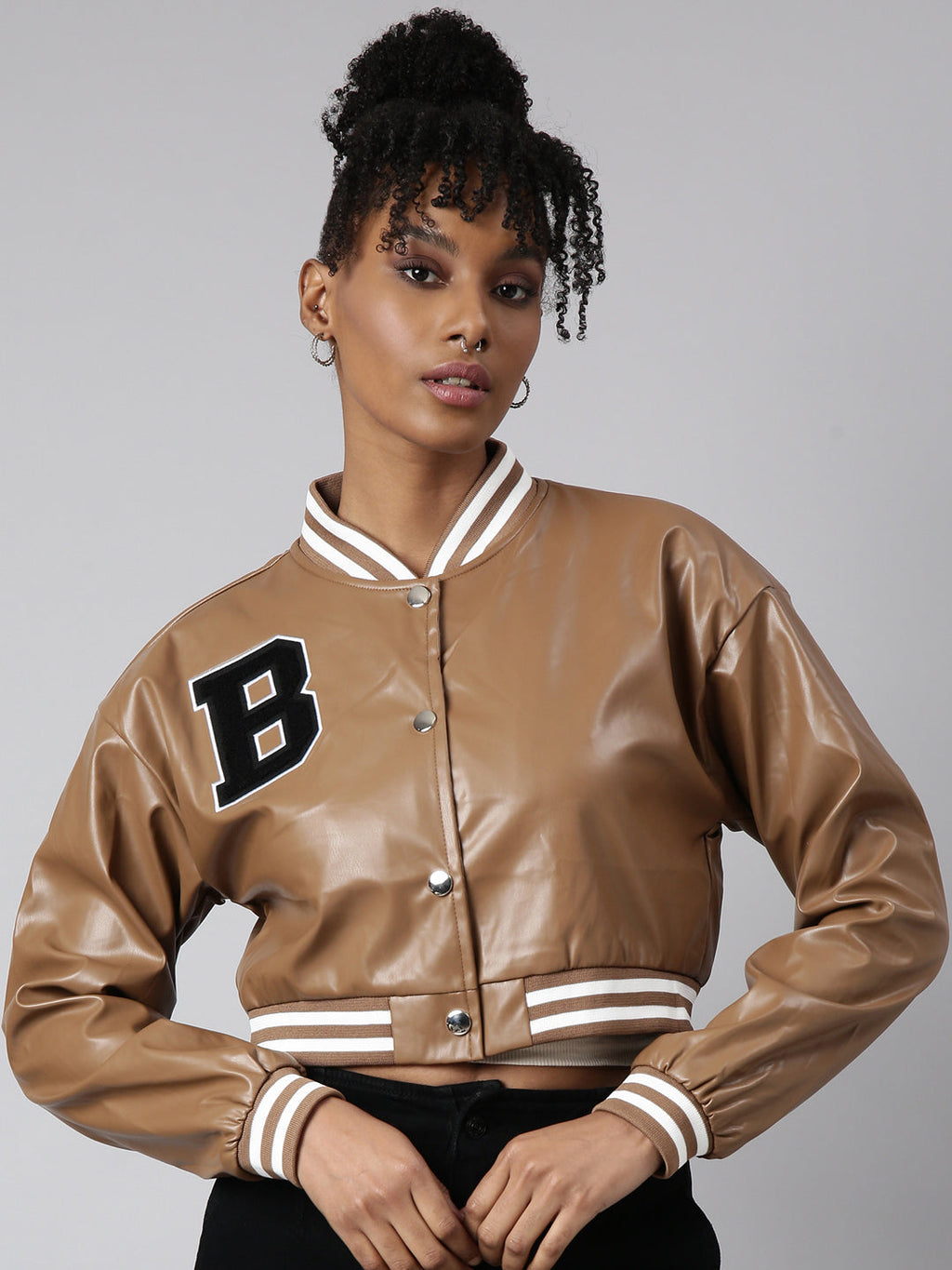 Women's Brown Drop Shoulder Oversized Crop Varsity Jacket