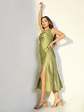Women's Green Satin Cowl Neck Slip Dress with Side Slits