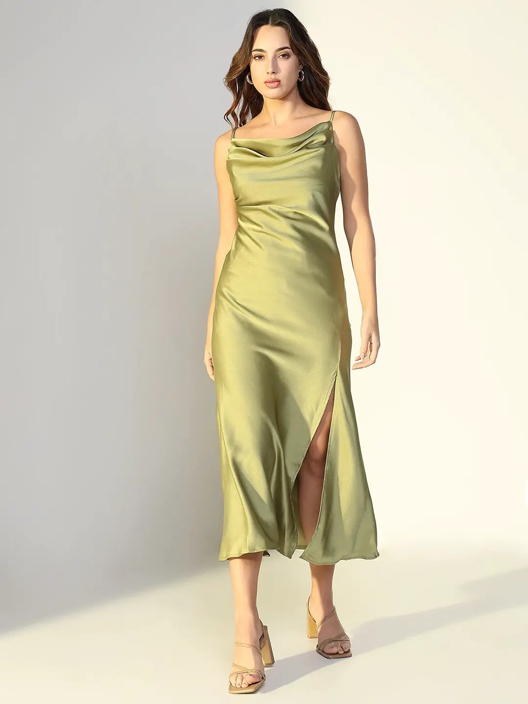 Women's Green Satin Cowl Neck Slip Dress with Side Slits