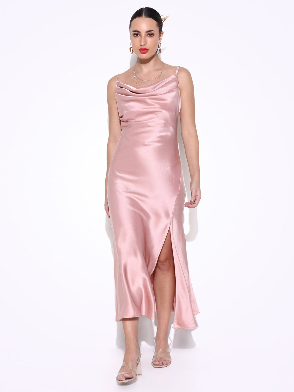 Women's Pink Satin Cowl Neck Slip Dress with Side Slit