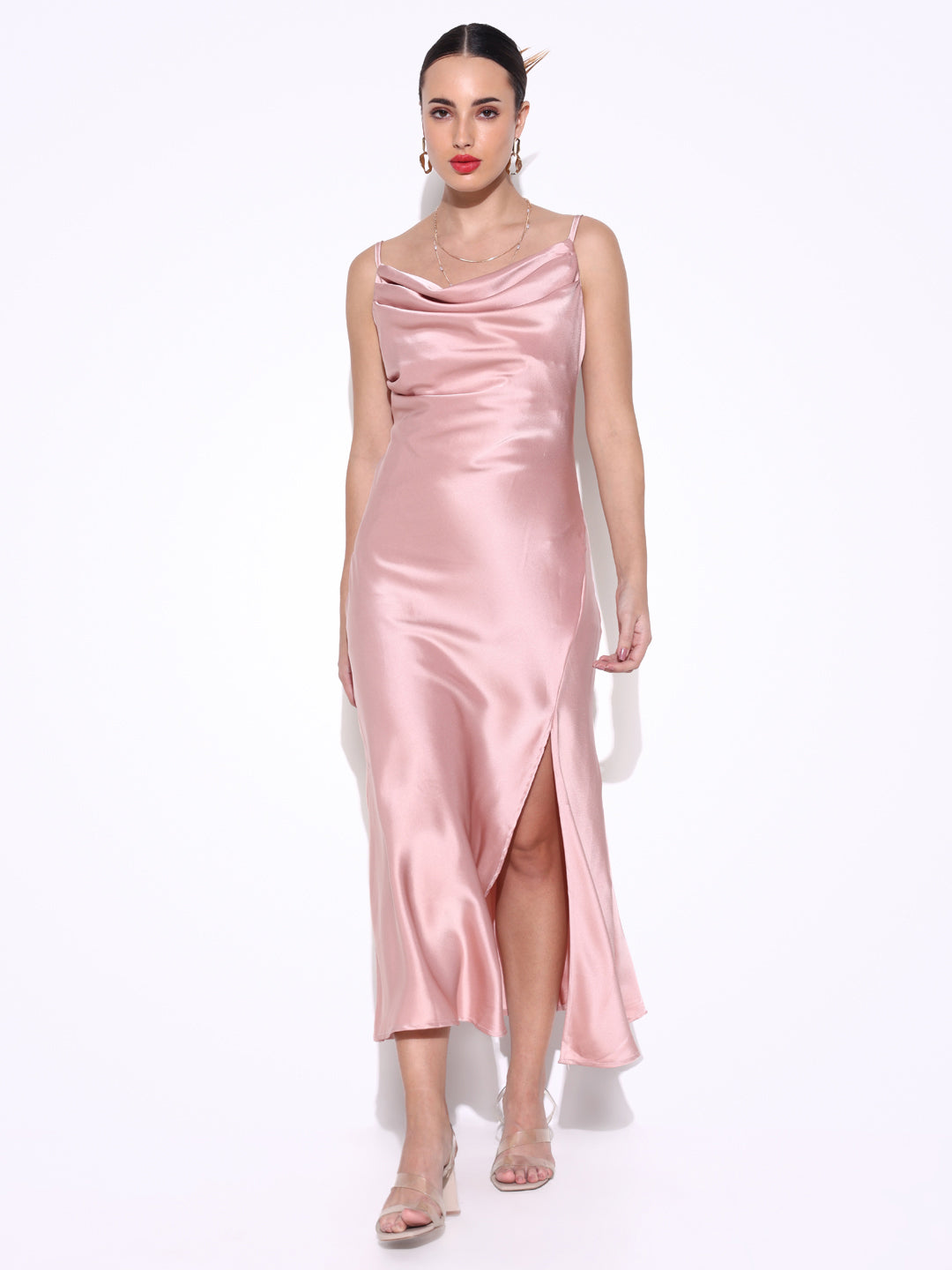Women's Pink Satin Cowl Neck Slip Dress with Side Slit