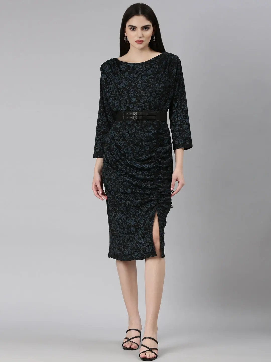 Women's Black Floral Printed Belted Sheath Dress