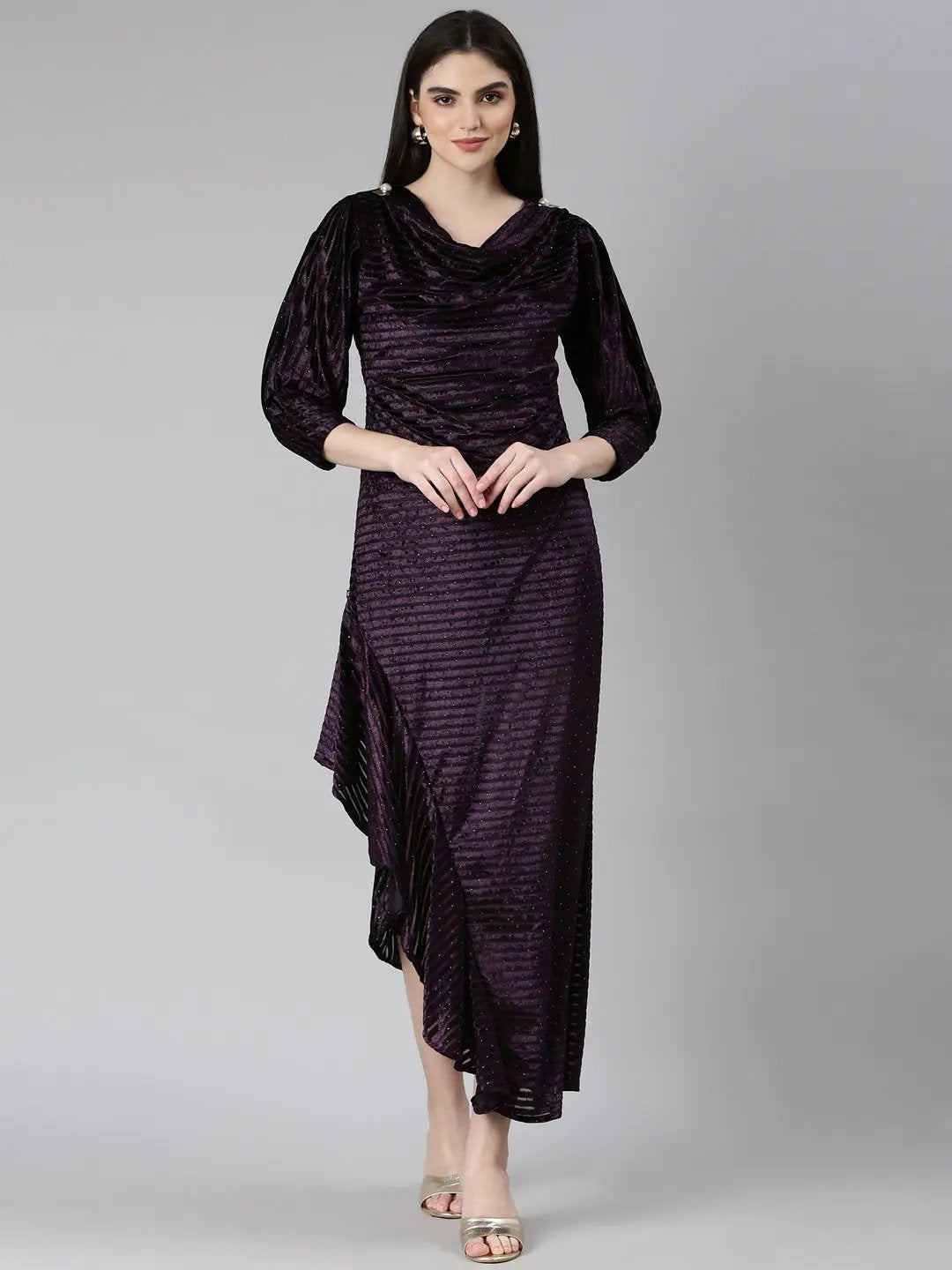 Women's Purple Cowl Neck Embellished Cuffed Sleeves A-Line Dress