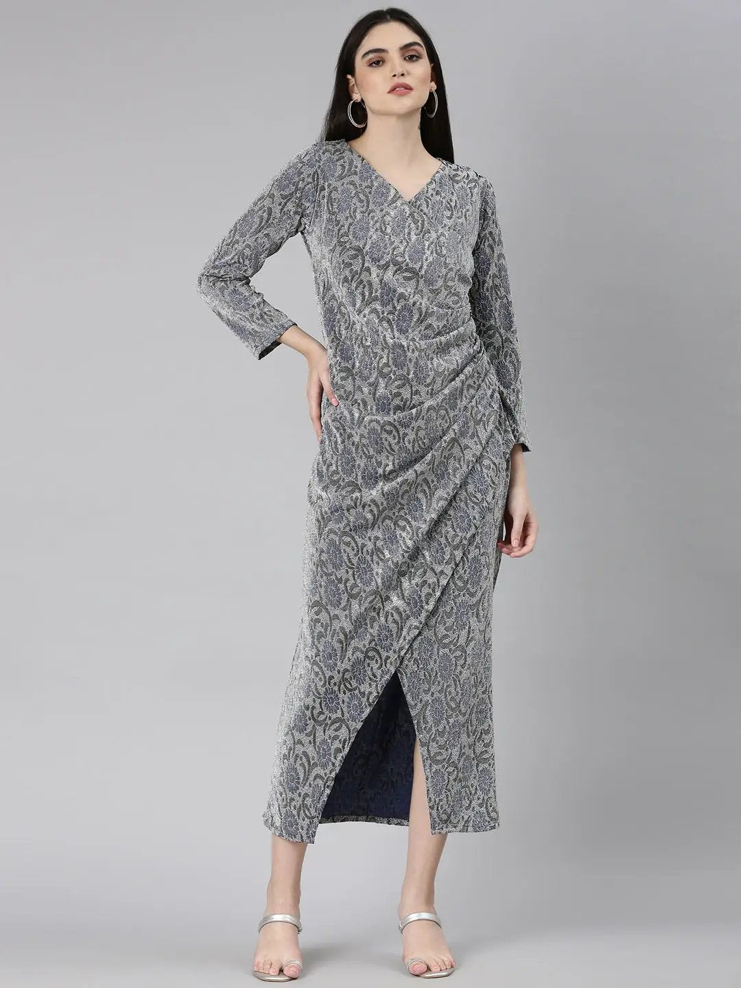 Women's Silver Self Design Sheath Dress