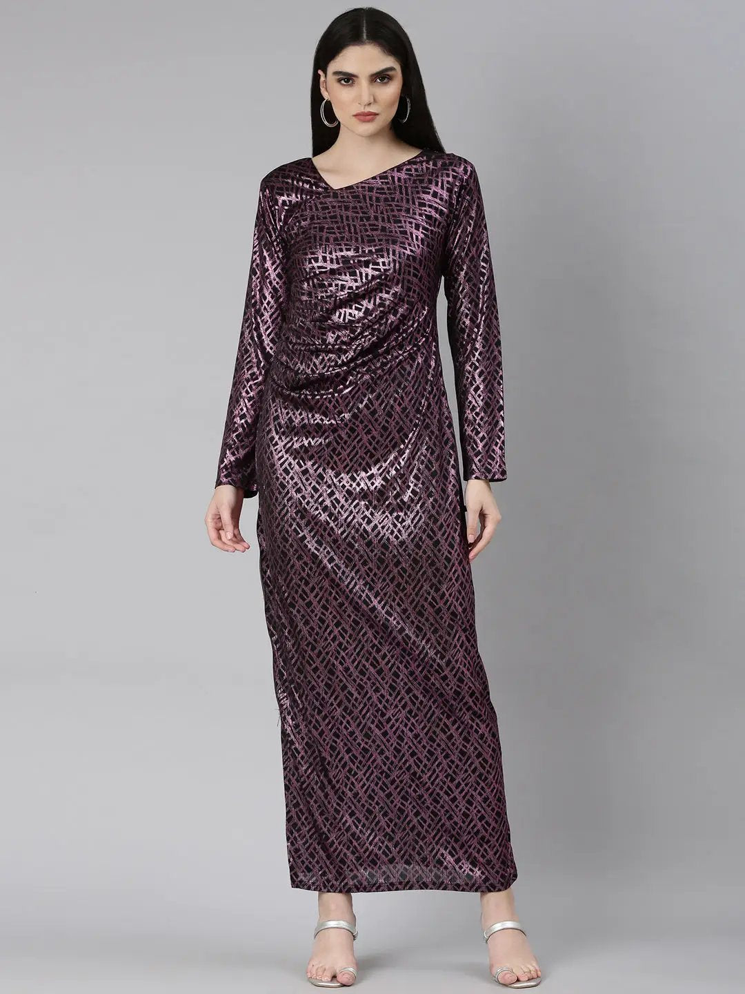 Women's Mauve Geometric Printed V-Neck Gathered Detail Fit & Flare Maxi Dress