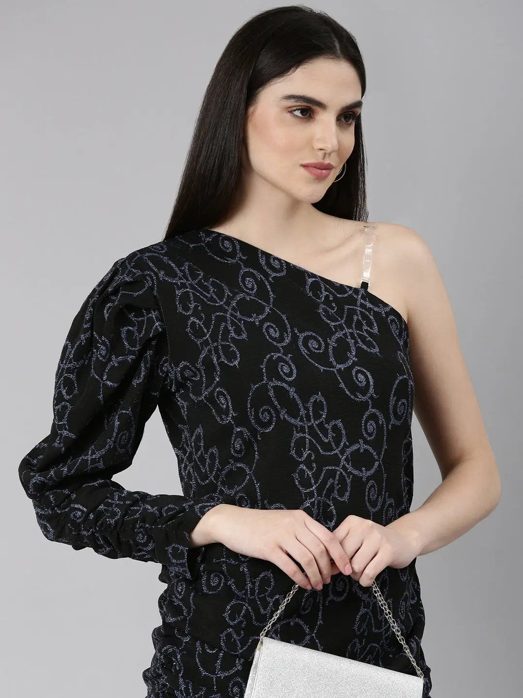 Women's Black Self Design One Shoulder Puff Sleeve Sheath Dress