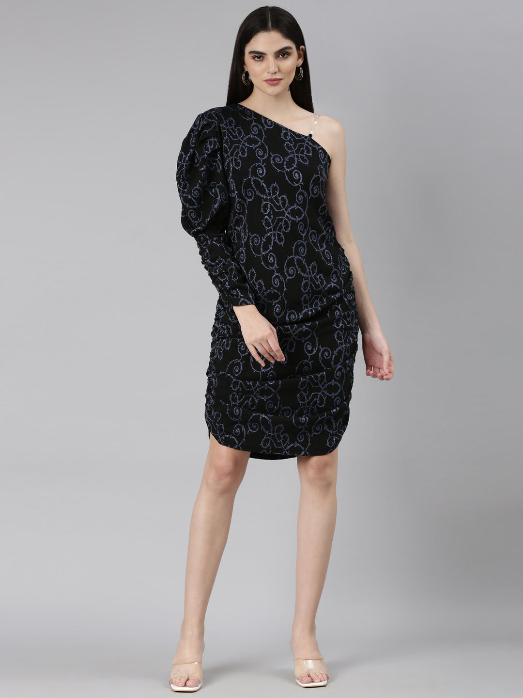 Women's Black Self Design One Shoulder Puff Sleeve Sheath Dress