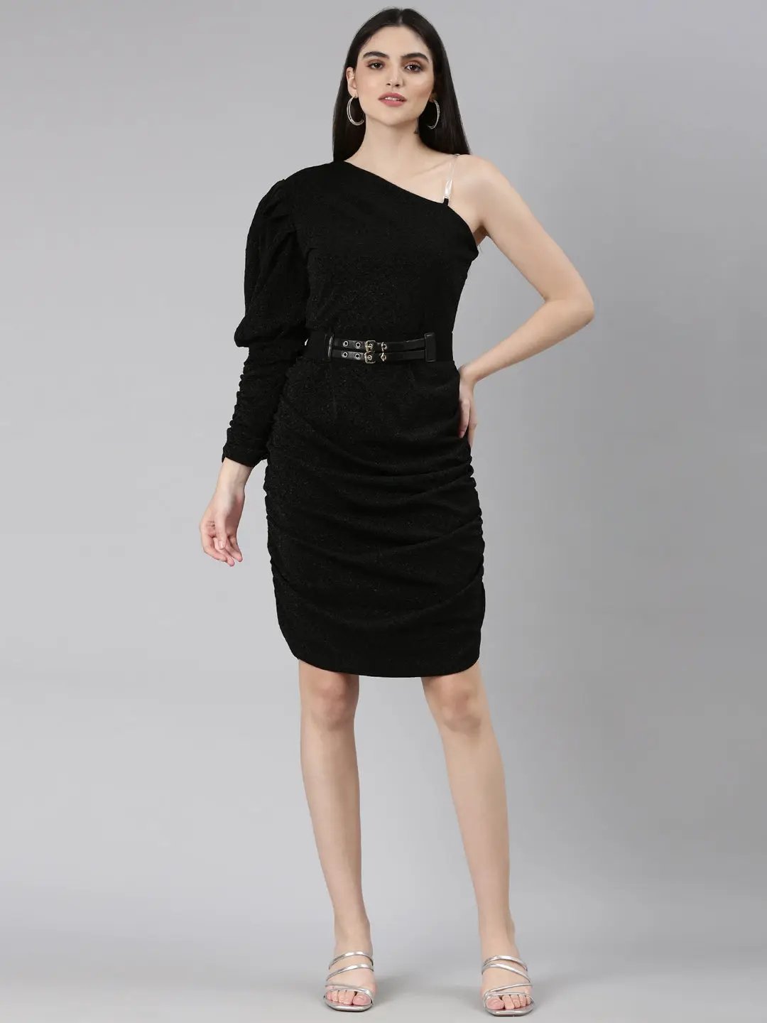 Women's Black Self Design Ruched Sheath Dress