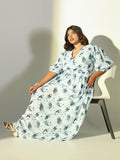 Women's Blue Floral Printed Georgette Fit & Flare Maxi Dress