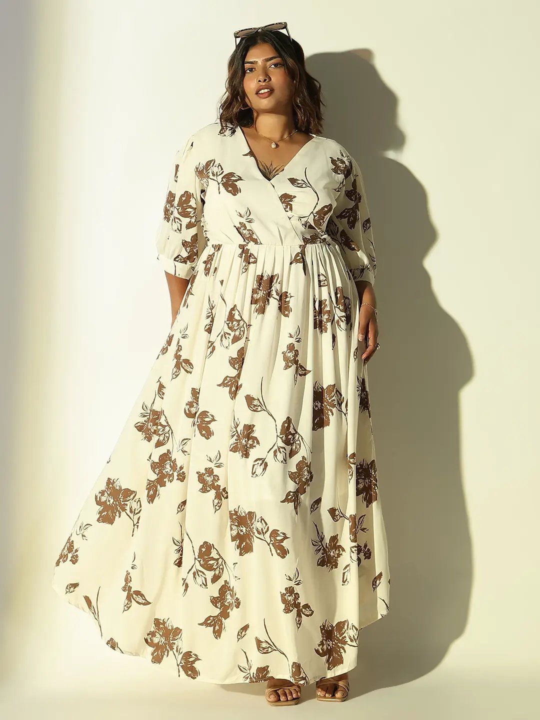 Women's Cream Floral Fit and Flare Dress