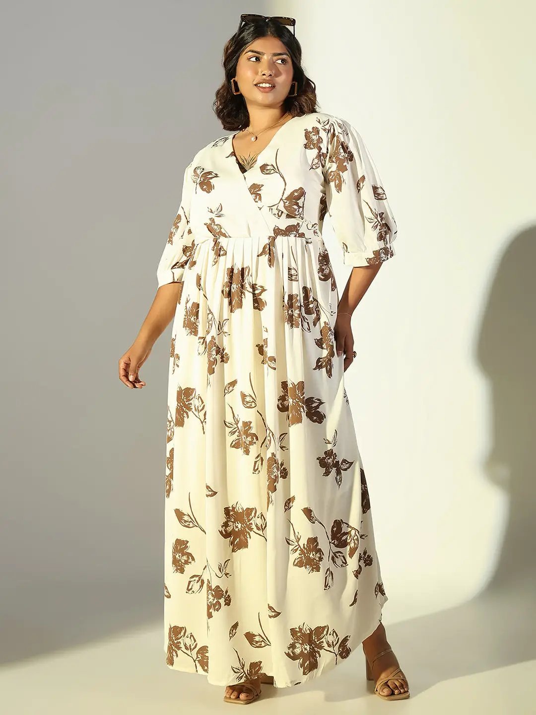 Women's Cream Floral Fit and Flare Dress