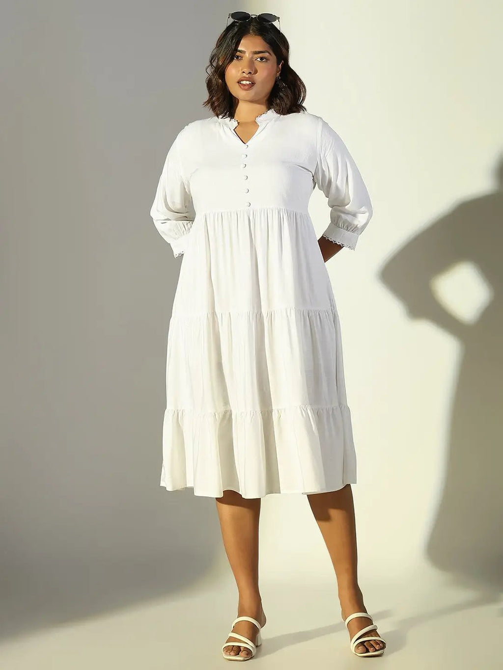 Women's White Cotton Fit & Flare Midi Dress