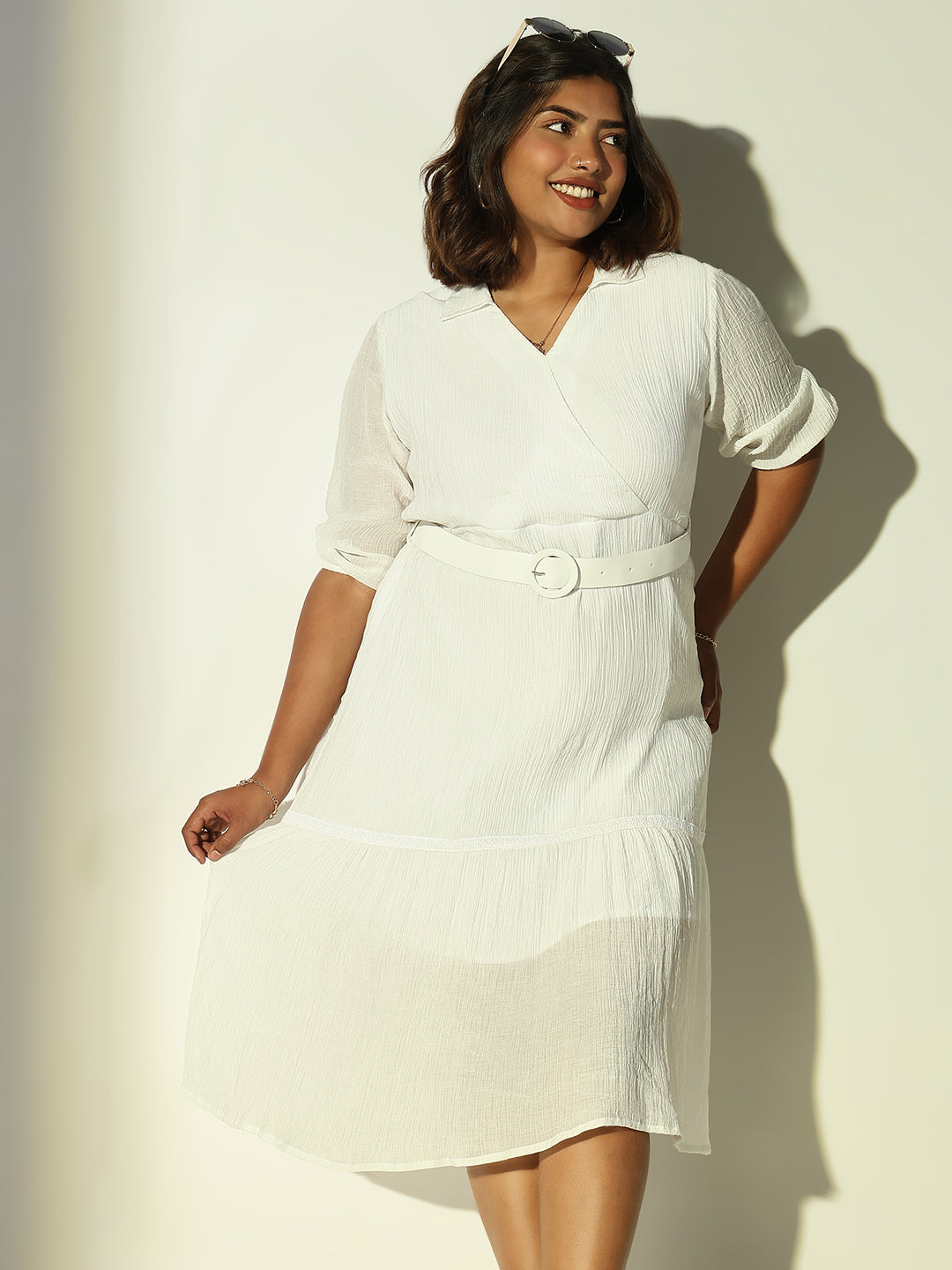 Women's White Solid Fit and Flare Dress with Belt