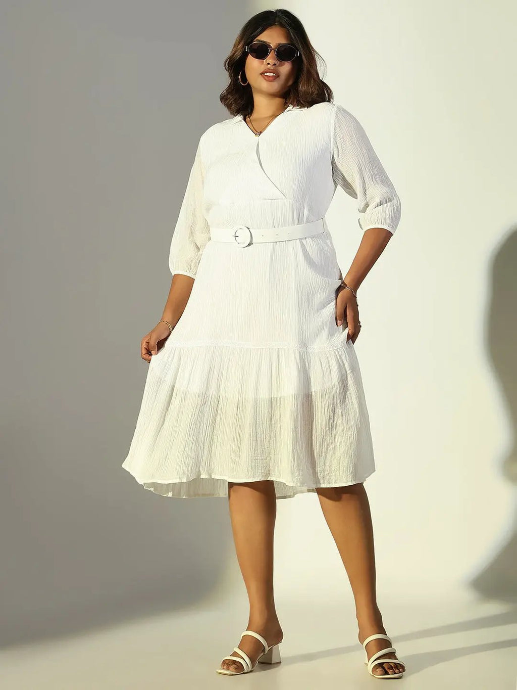 Women's White Solid Fit and Flare Dress with Belt