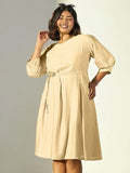 Women's Beige Solid A Line Dress with Belt