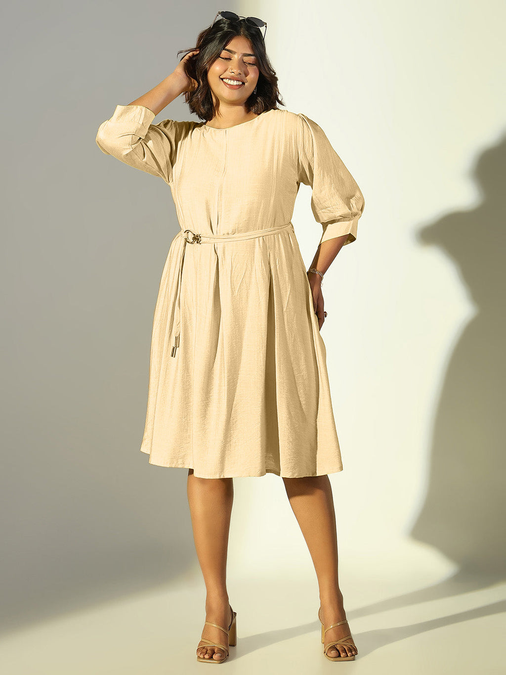 Women's Beige Solid A Line Dress with Belt