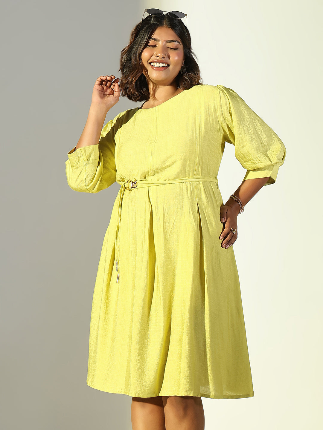Women's Yellow Solid A Line Dress with Belt
