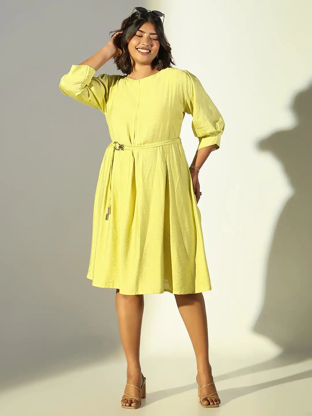 Women's Yellow Solid A Line Dress with Belt