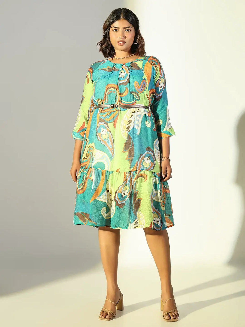 Women's Floral Green A Line Dress with Belt