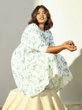 Women's Green Floral A Line Dress with Belt