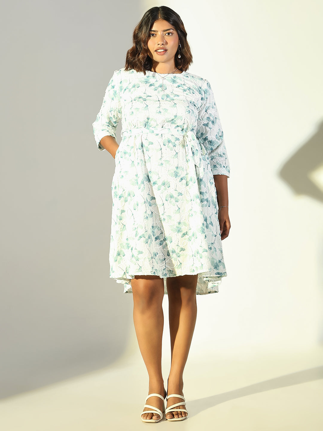 Women's Green Floral A Line Dress with Belt