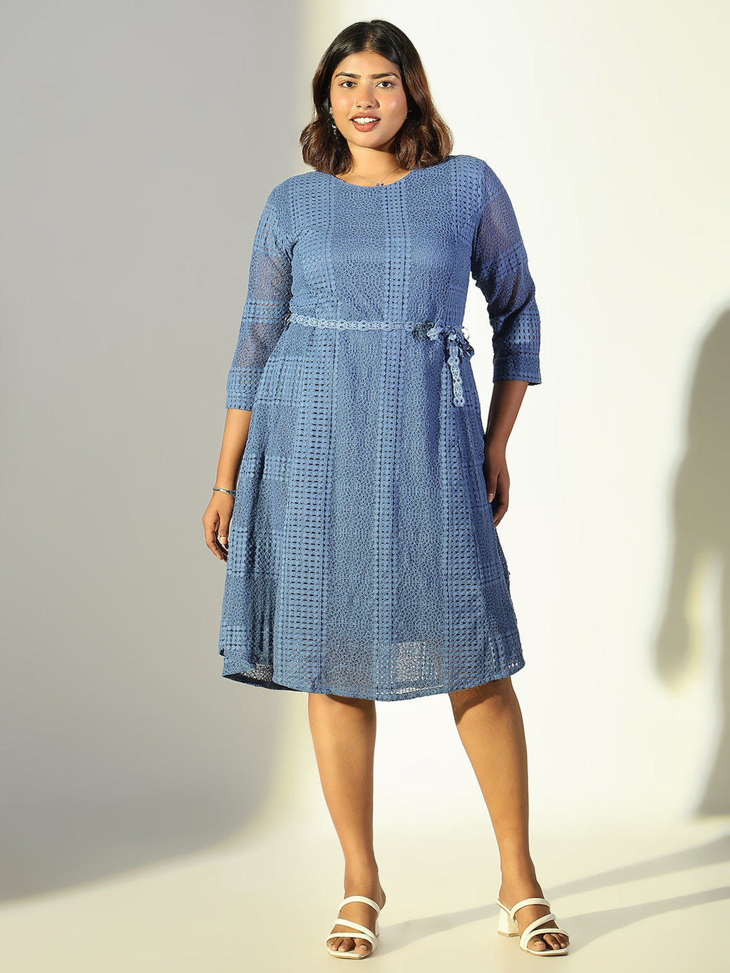 Women's Blue Solid Fit and Flare Dress with Belt