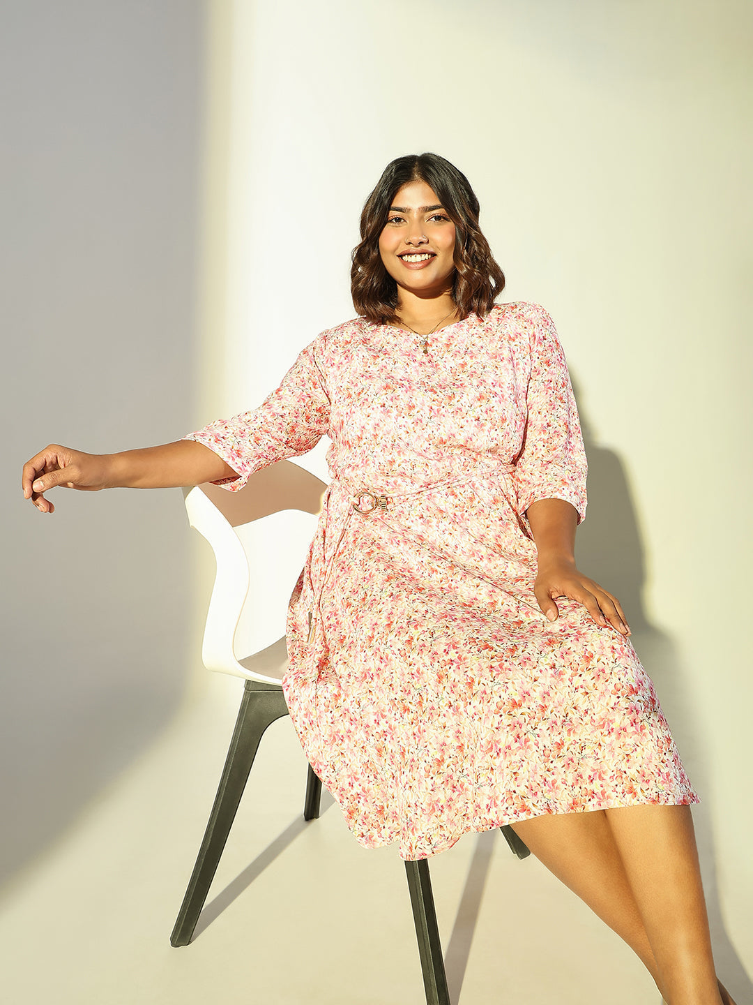 Women's Pink Floral Fit and Flare Dress with Belt