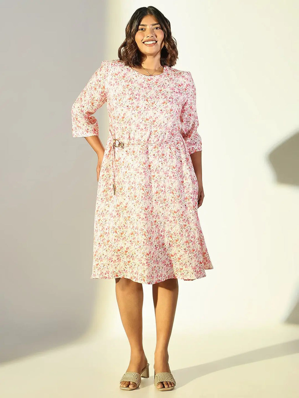 Women's Pink Floral Fit and Flare Dress with Belt