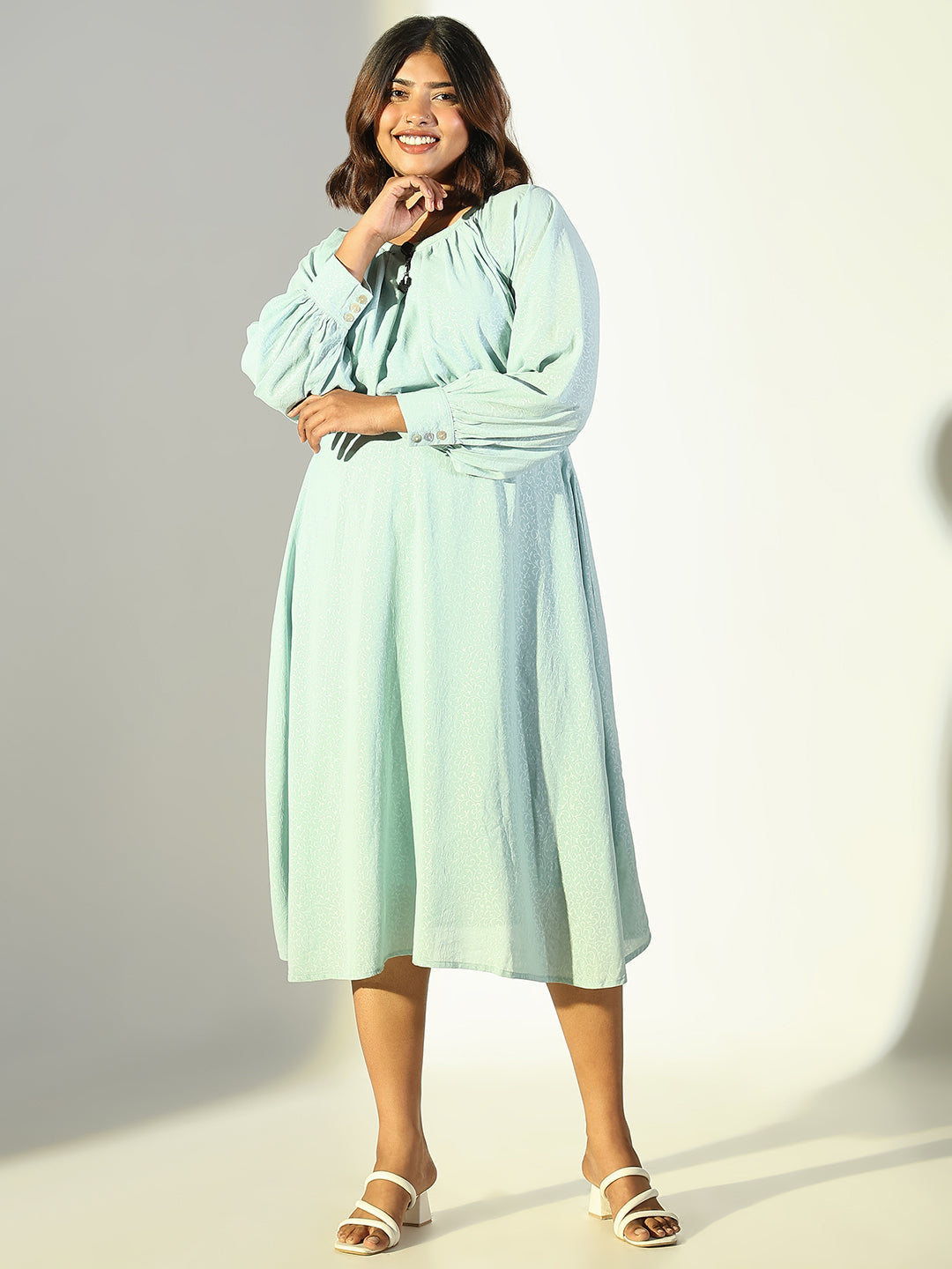Women's Sea Green Floral Printed Fit & Flare Midi Dress