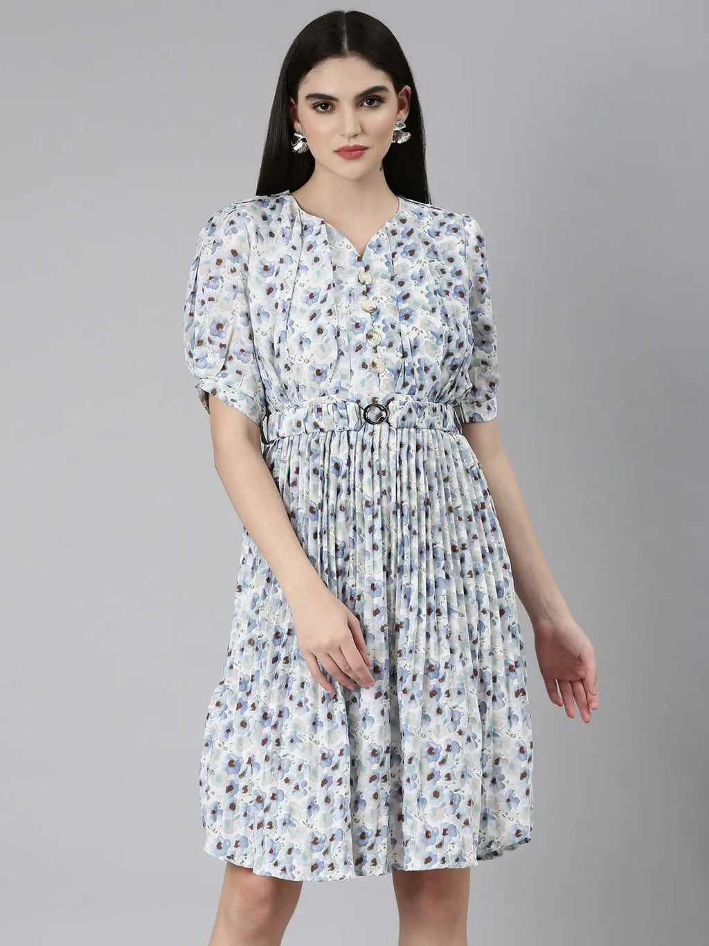 Women's Blue Floral Printed Sweetheart Neck Puff Sleeves Fit and Flare Dress