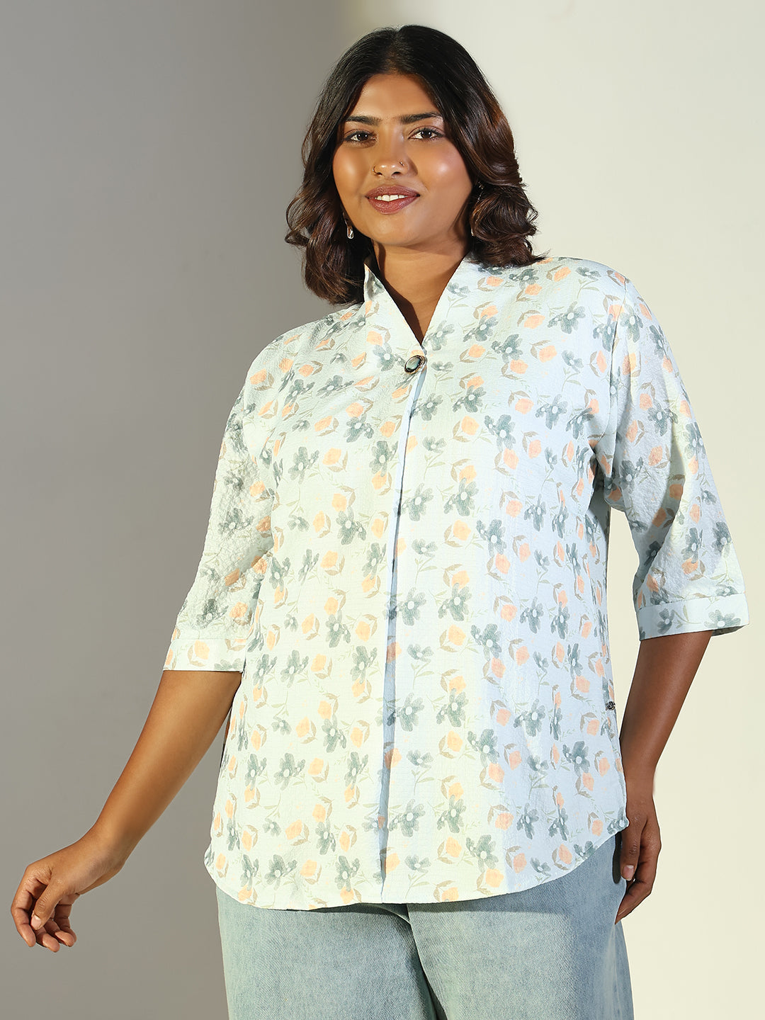 Women's Green Floral Print Crepe Top