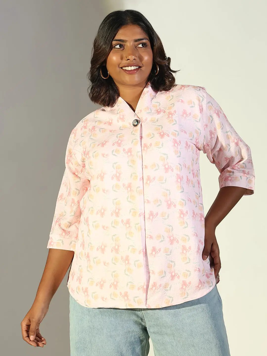 Women's Pink Floral Print Shirt Style Top